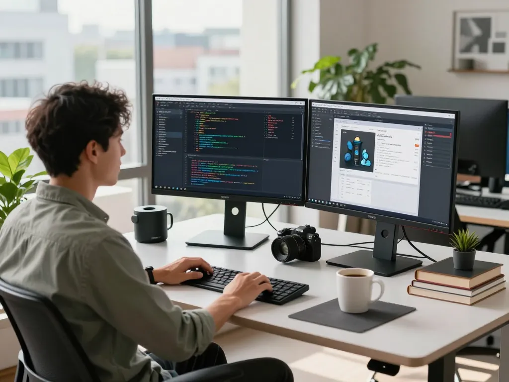 Moltbot in action at a modern tech workspace with a developer coding and managing tasks across dual screens.