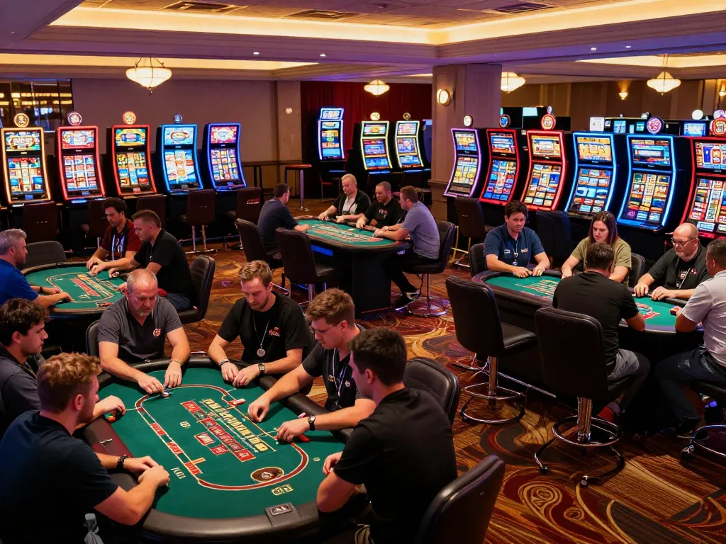 Engaged players enjoying games at f168.ing casino gaming floor, vibrant atmosphere with poker and slots.
