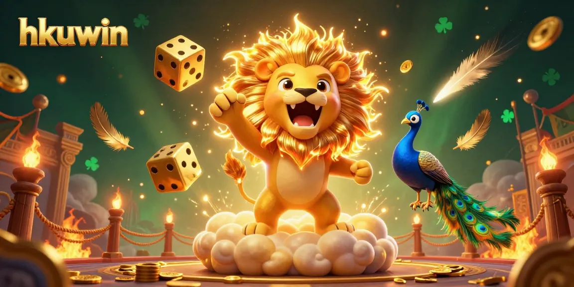 Experience the excitement of hkuwin's dynamic casino scene featuring a roaring sun lion and iconic gaming elements.