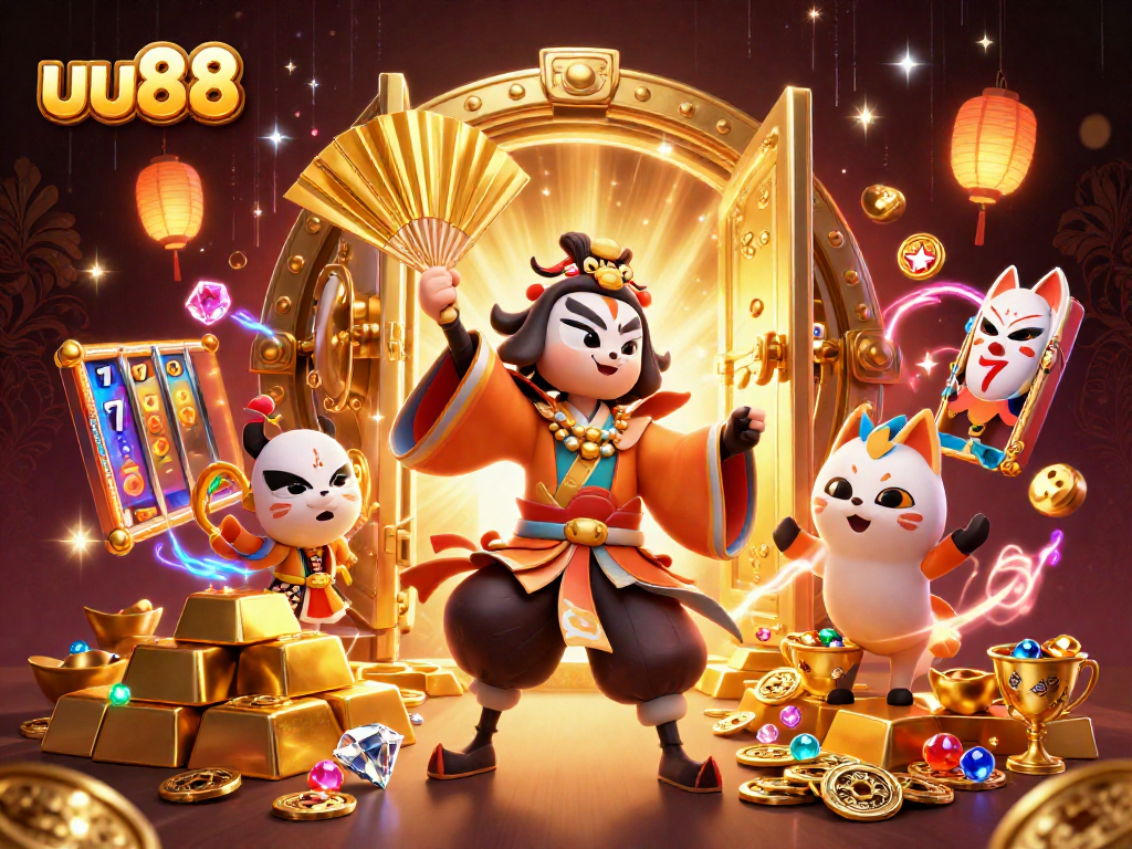 Spin to win with uu88's thrilling 3D casino scene featuring vibrant characters and gold treasures.