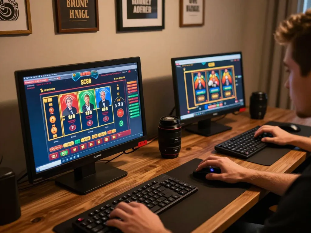 Engaged player using SC88 online casino interface on desktop and laptop for strategic gameplay.