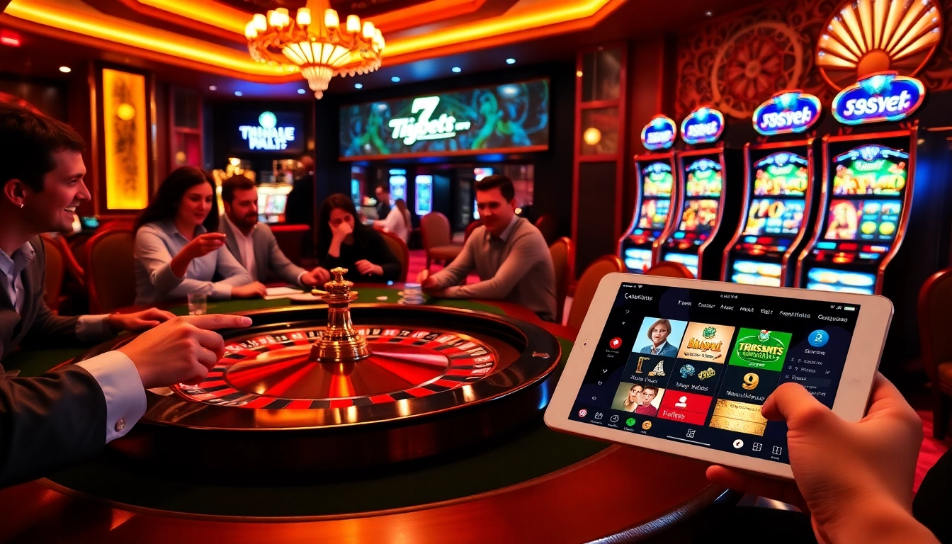 Enthusiastic players engaging at 789bet's luxury poker table with vibrant casino elements.