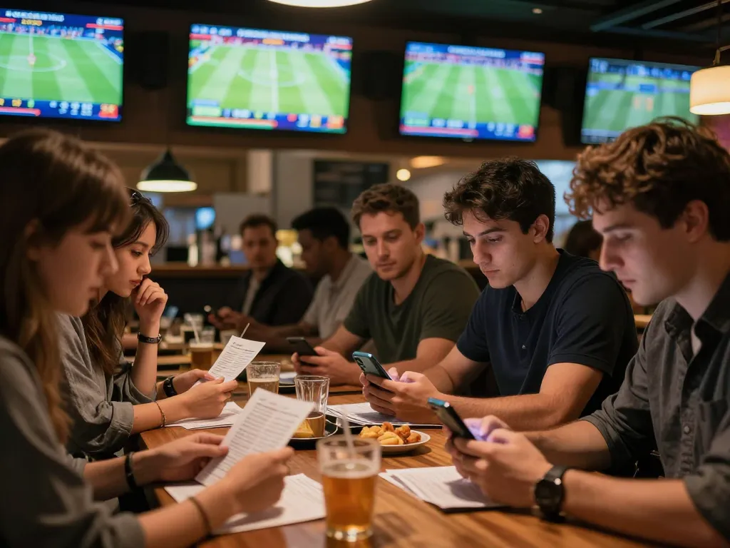 Engaged patrons placing bets on rwin com while watching live sports at a vibrant bar