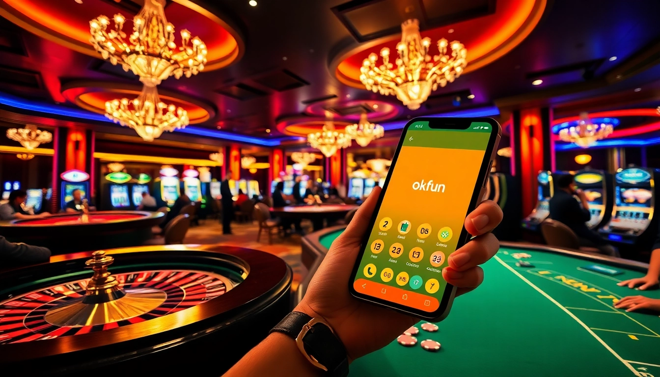 Experience the excitement of the okfun app in a luxurious casino environment with vibrant gaming tables.