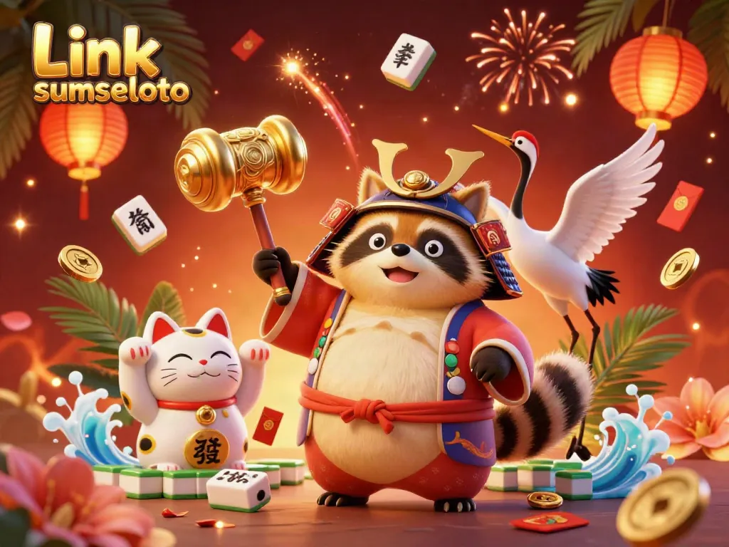 Engage with the festive energy of Link sumseltoto, featuring a whimsical tanuki, crane companion, and waving fortune cats amidst lively gambling symbols.