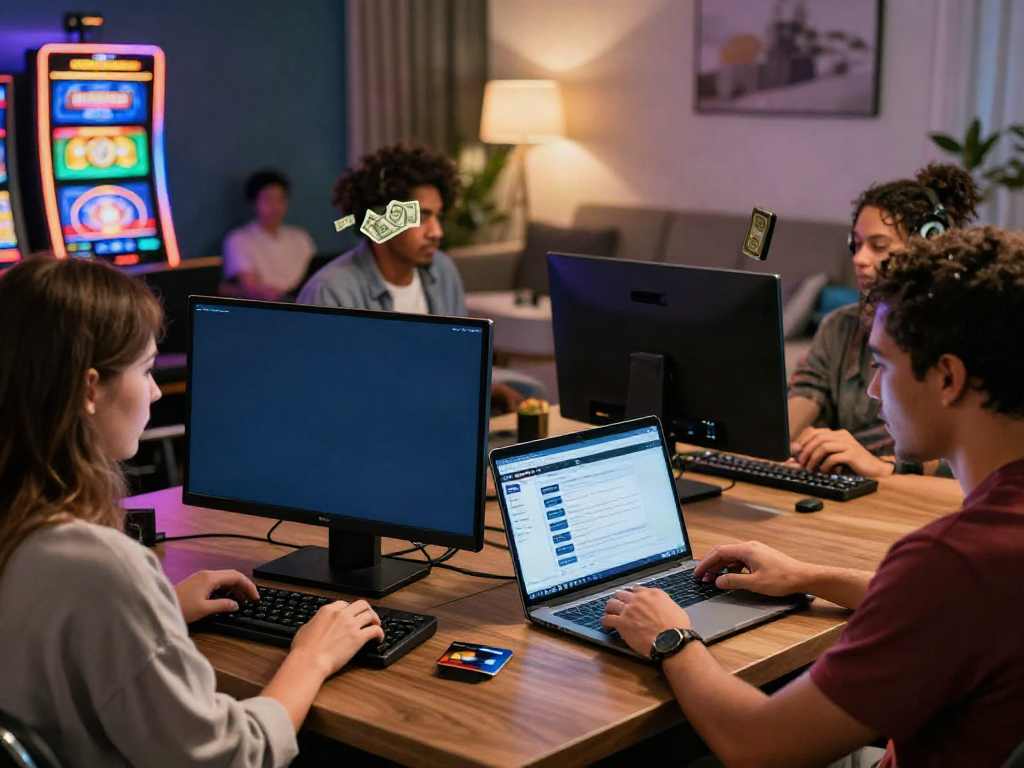 Players engaging with casinos that take credit cards through mobile and online platforms in a lively home setting.