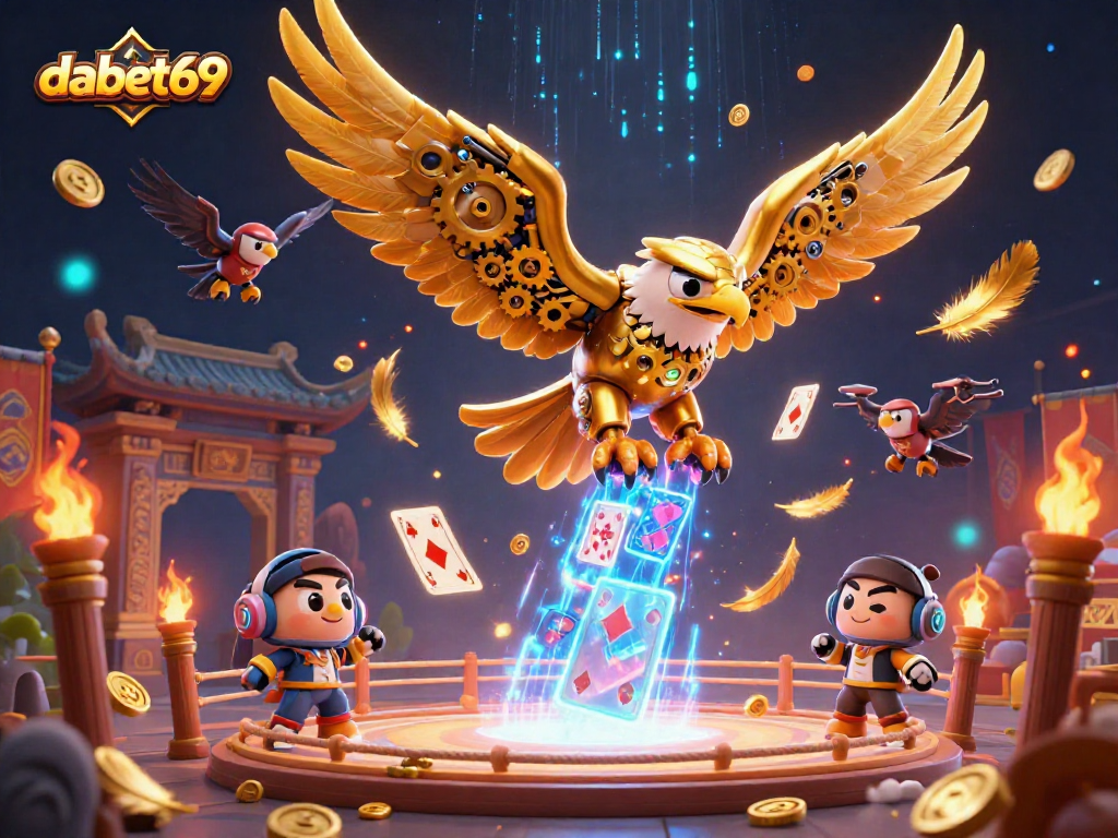 dabet69 features a cybernetic golden eagle amidst holographic cards in a vibrant casino scene.