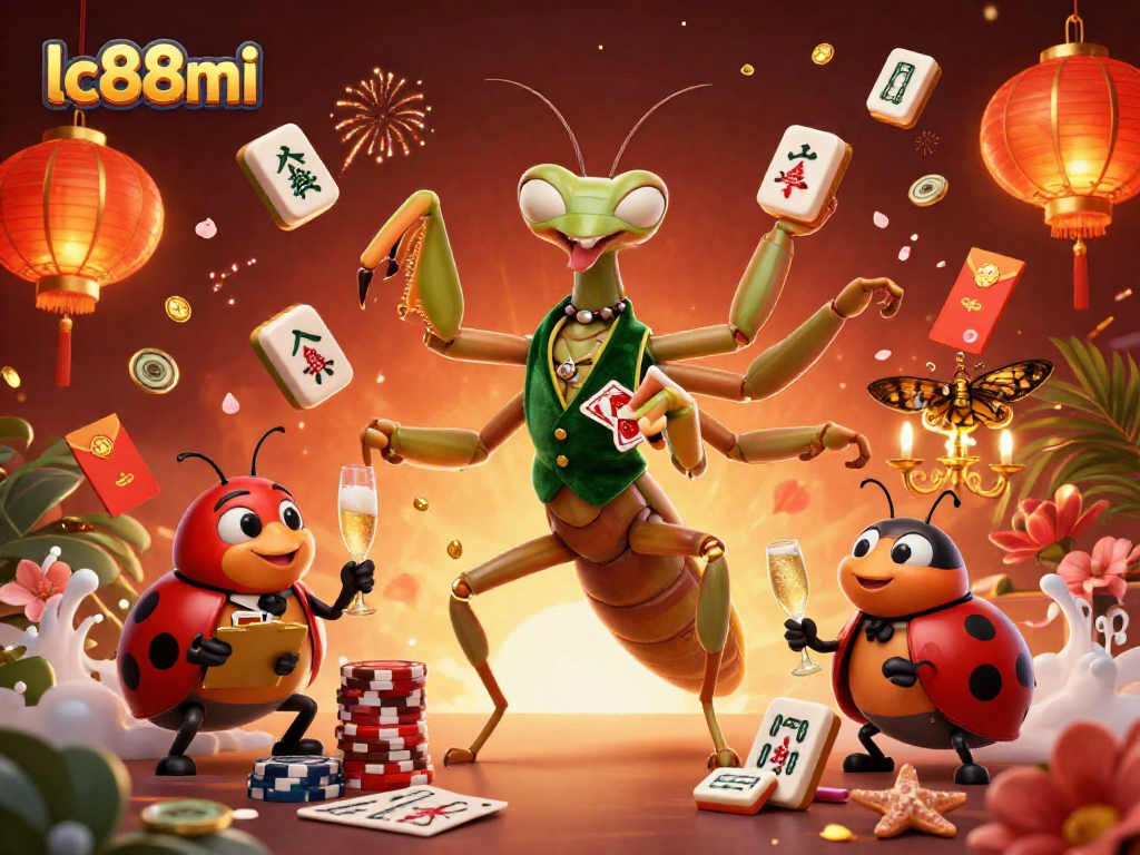 Experience casino thrills with lc88mi showcasing a giant mantis and ladybug amidst a vibrant celebration.