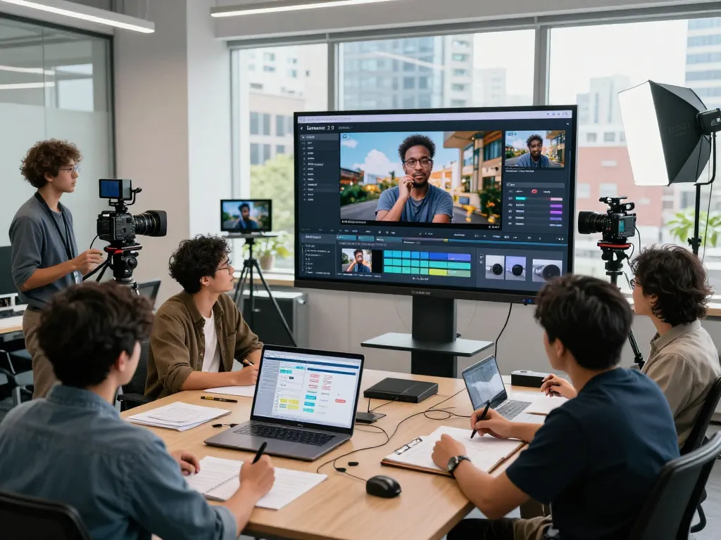 Filmmakers exploring seedance 2.0 AI video generation in a modern workspace, showcasing collaborative creativity.