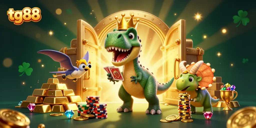 Experience thrilling casino fun with tg88 as a T-Rex shuffles cards and stacks chips in a vibrant illustration.