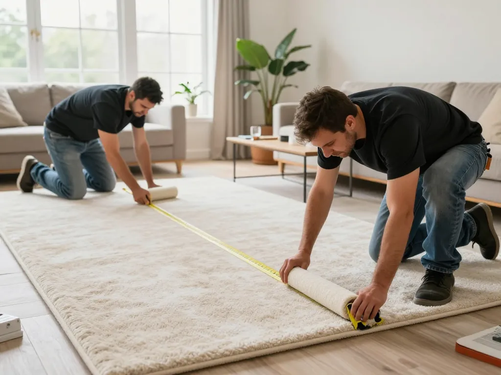 Professional carpet fitters near me installing plush carpet in a bright living room.