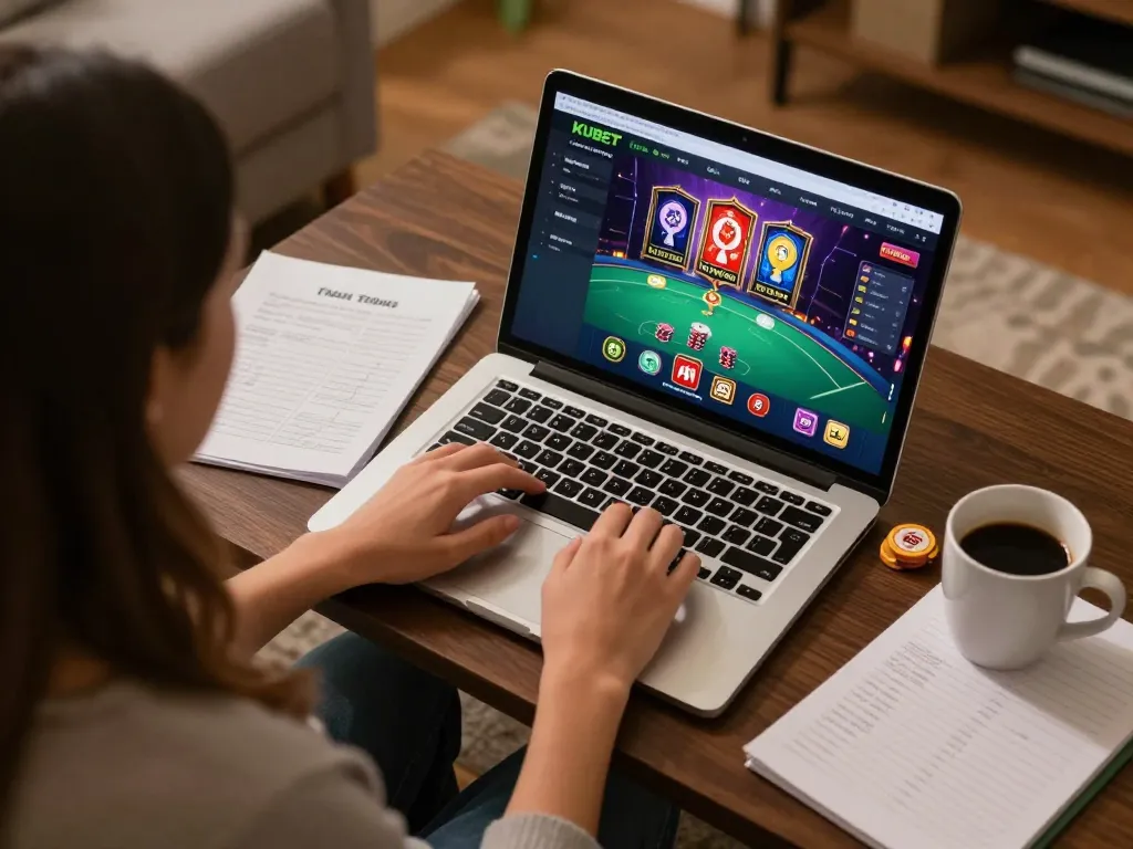 KUBET user enjoying dynamic online casino gameplay on laptop, surrounded by strategy notes and warm lighting.