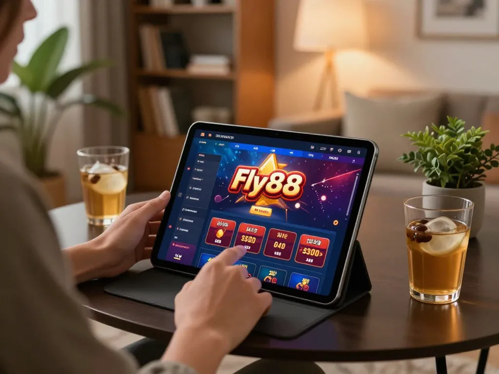 Engage with Fly88 casino on a stylish tablet setup, emphasizing enjoyable gaming experience