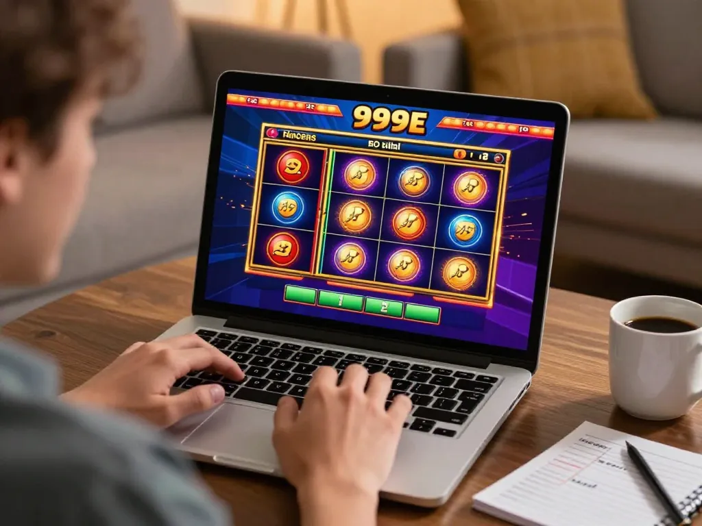 Engaged player exploring exciting casino games on 999E platform in cozy home setting.