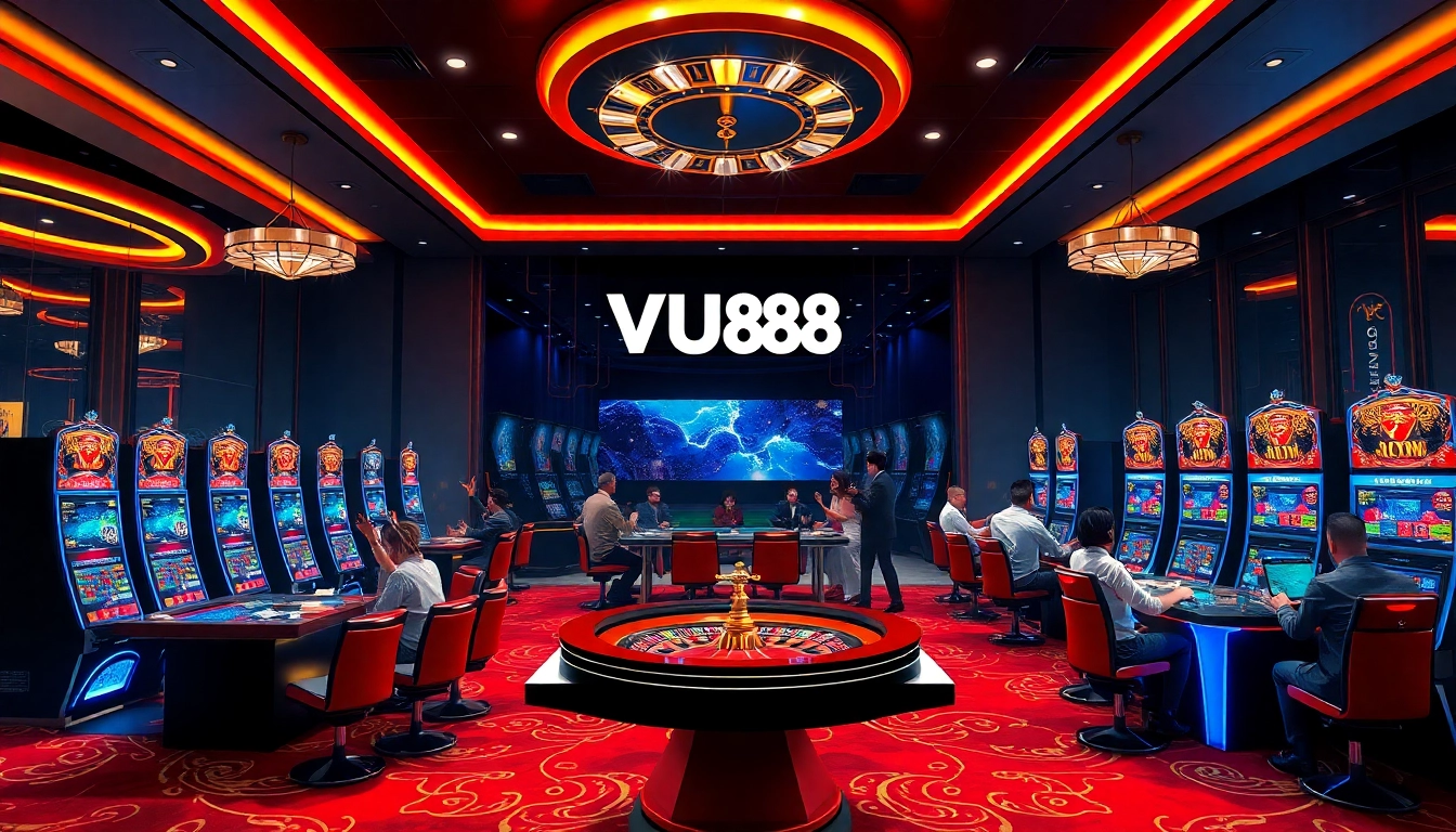 Players enjoying the thrilling ambience of VU88's online casino with vibrant games and professional atmosphere.