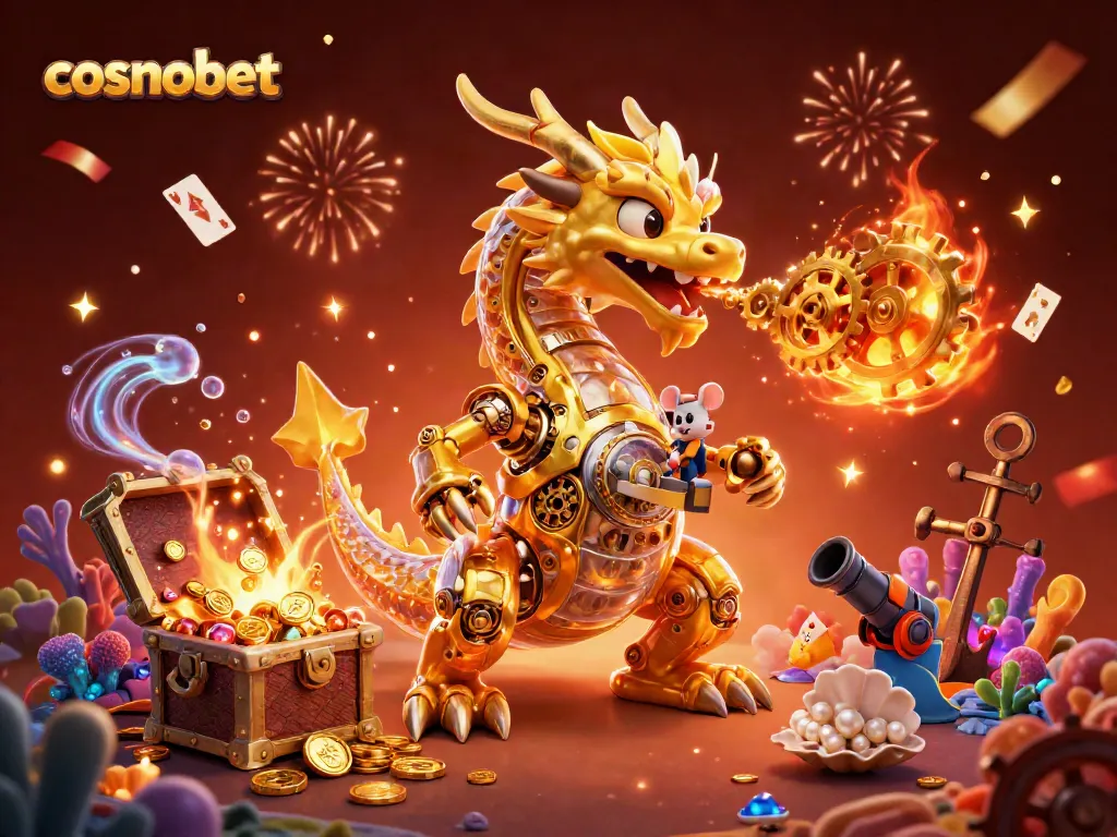 Experience thrilling cosmobet gameplay with golden dragon and treasure in a vibrant 3D scene.