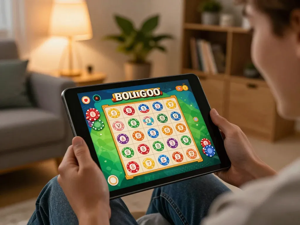 Engaging player enjoying sunwin online bingo game on tablet in a cozy home setting.