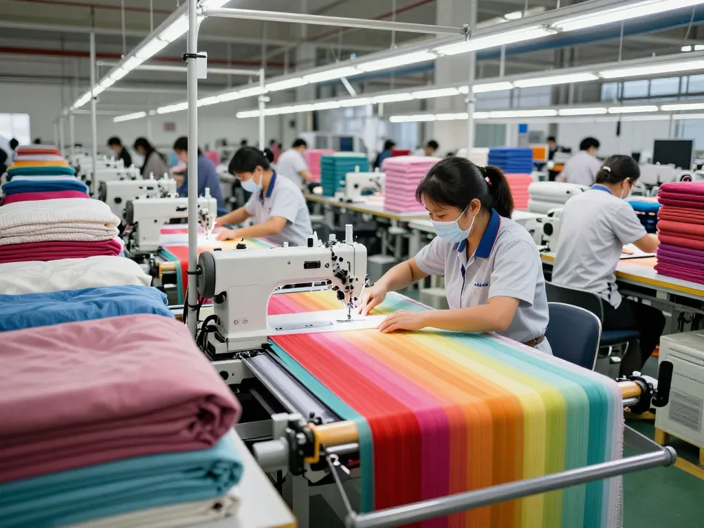 Sunwin textile experts inspecting colorful fabrics in a vibrant manufacturing facility, showcasing innovation and craftsmanship.