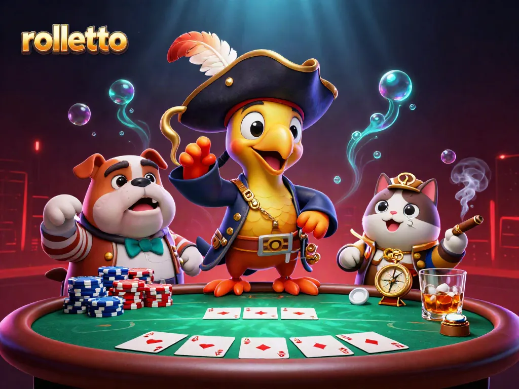Engage with rolletto's vibrant card action featuring colorful chips and characters interacting at a poker table.