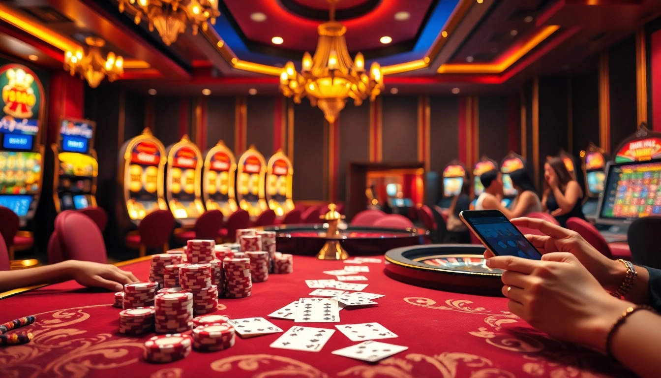 TT88 casino scene with poker chips, roulette wheel, and slot machines, capturing luxury and excitement.