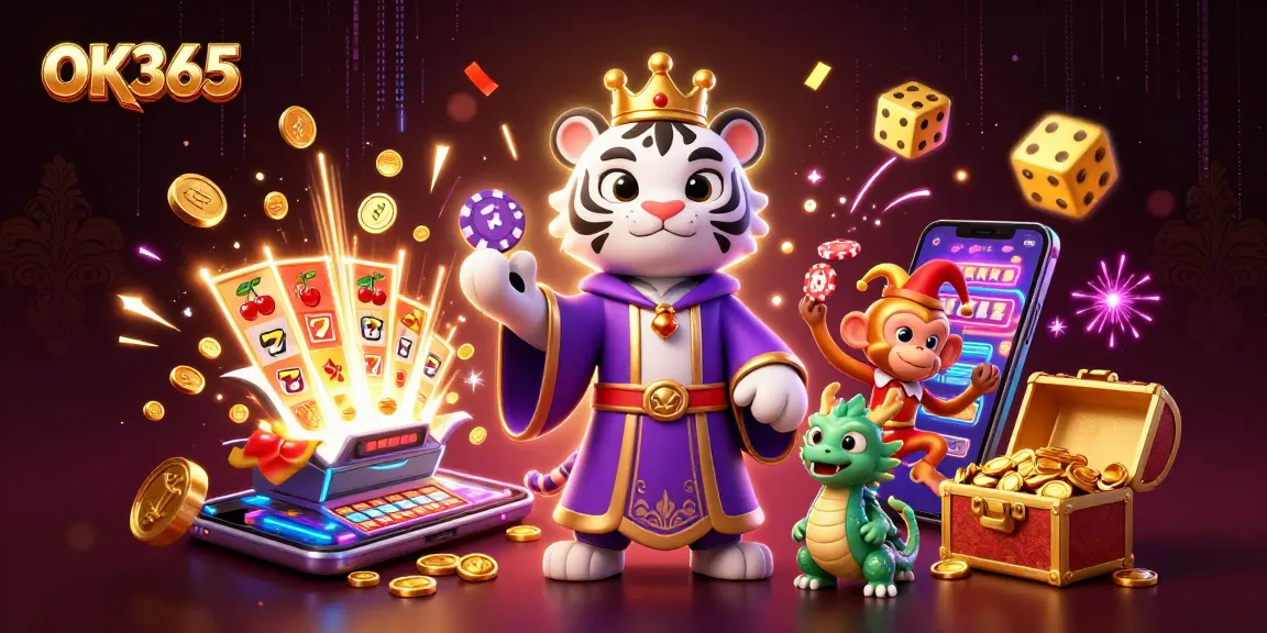 Engage in thrilling gaming experiences at OK365 with a vibrant scene of characters and jackpots.