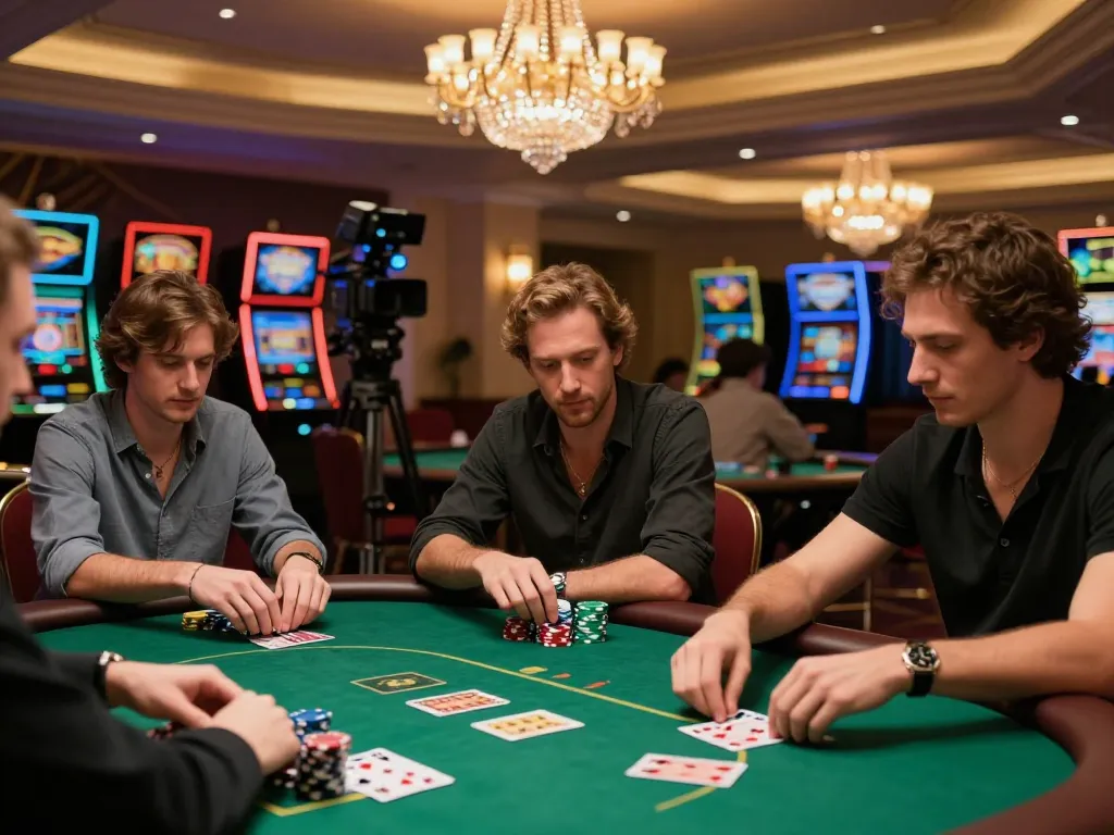 link vào mu88 players strategically betting at luxury poker table in vibrant casino scene