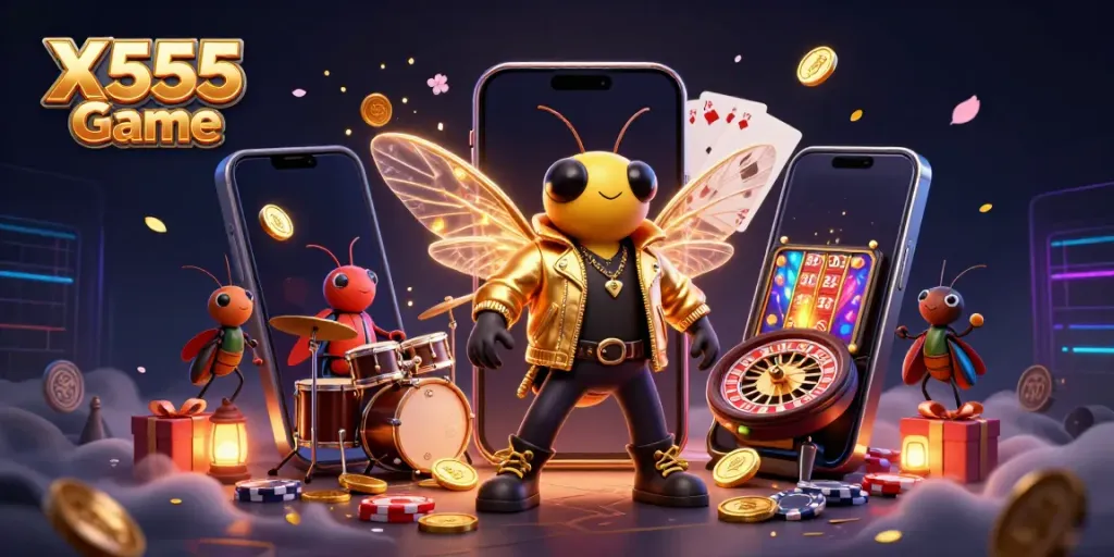 X555 Game showcases a dynamic 3D scene with a cicada rock star, vibrant casino elements, and a colorful smartphone slot game.