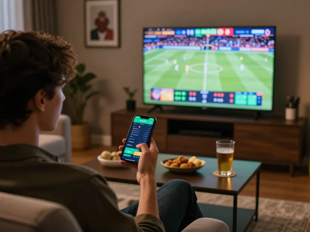 Engaging in fooballl betting on smartphone while watching a live game in a cozy home setup.