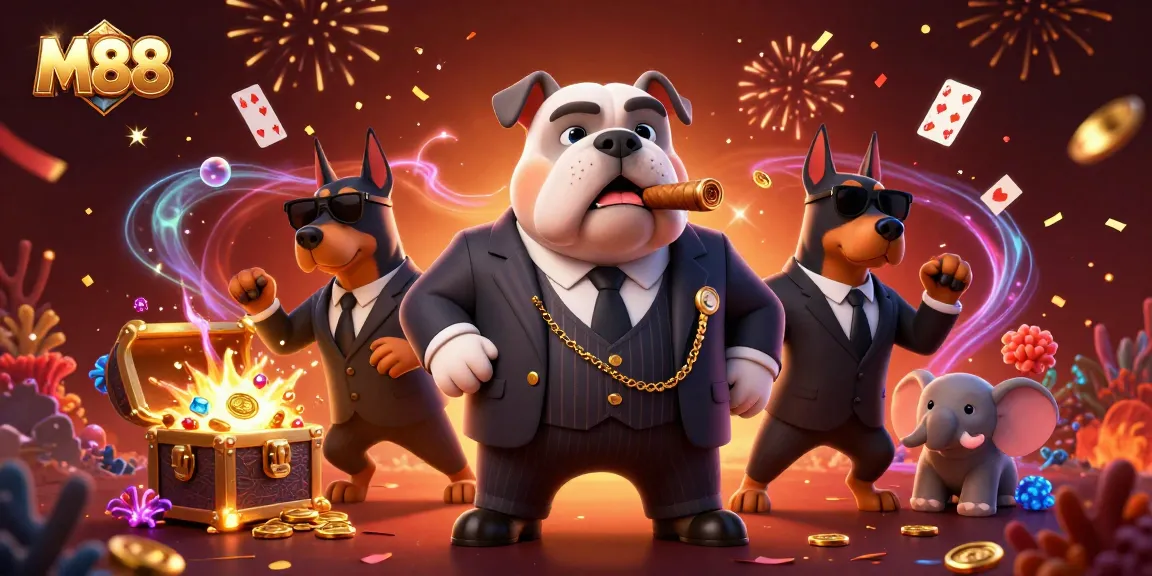 M88's energetic casino scene showcases a mafia boss bulldog with gold coins, cards, and vivid fireworks.