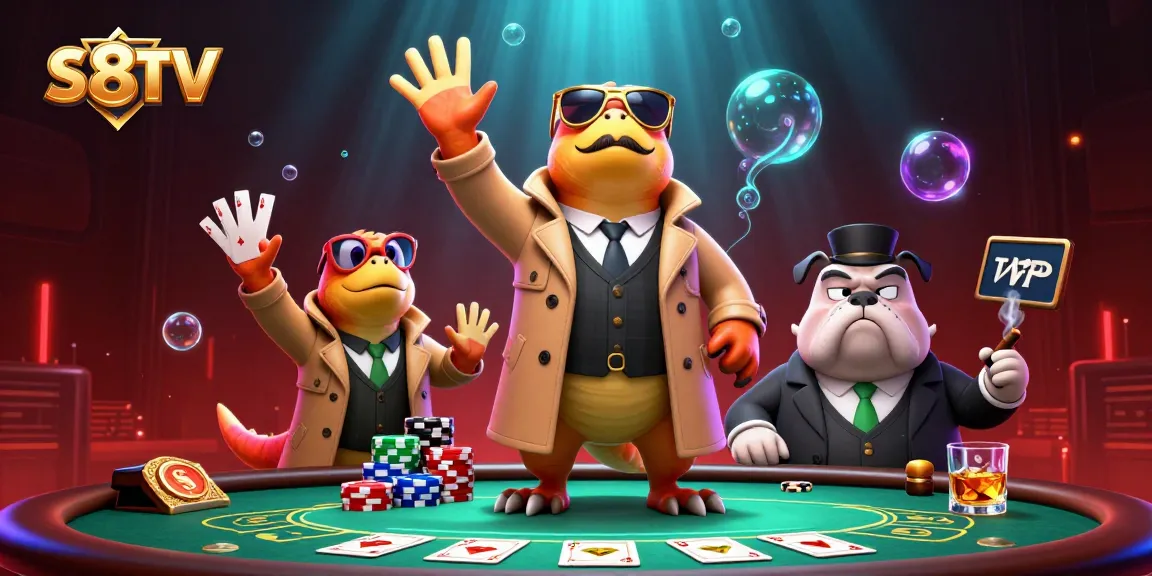 S8TV showcases three raptors in disguise attempting to enter a casino lounge, surrounded by a rich poker setup.