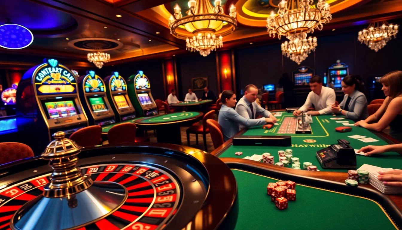 Thrilling gaming action at Haywin casino with vibrant slot machines and poker tables.