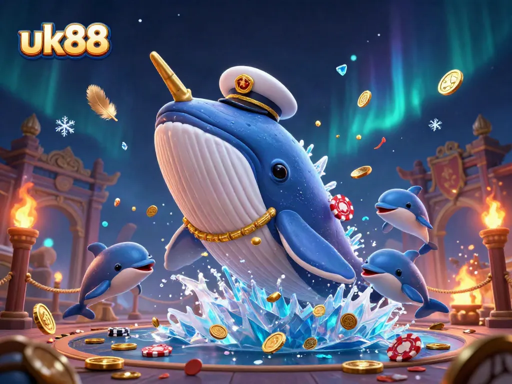 Engaging scene of uk88 with a whale, narwhal, and dolphins amidst casino elements.