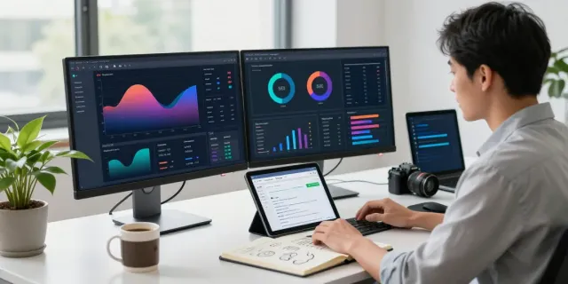 Marketing analyst assessing instant indexing metrics in a modern office workspace.