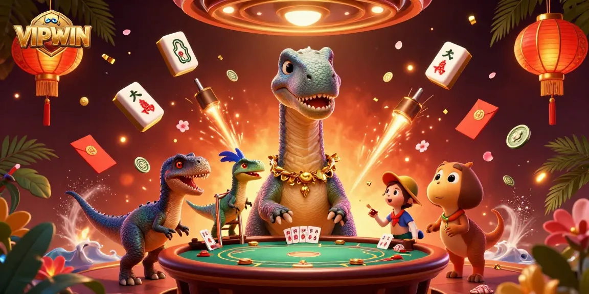 Experience the excitement of VIPWIN with a vibrant casino scene featuring unique characters and game elements.