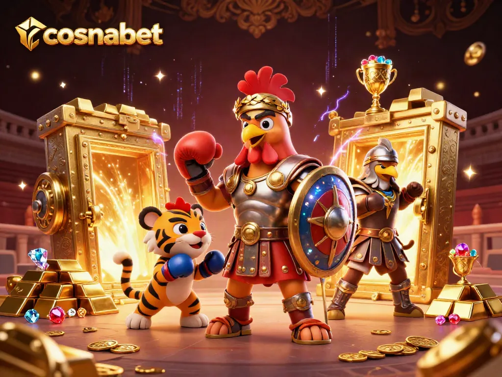 Experience the thrill of cosmobet with gladiator elements and gold treasure in this vibrant setup.
