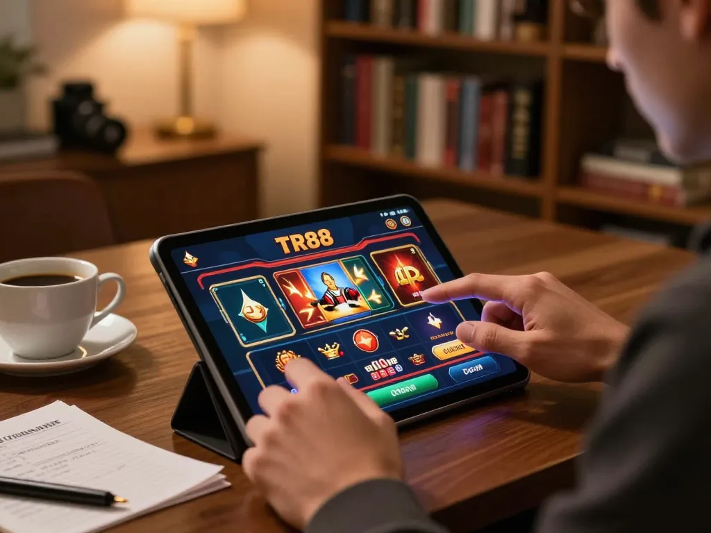 Person engaged with the TR88 casino app on a tablet, showcasing online gambling excitement and responsible play.