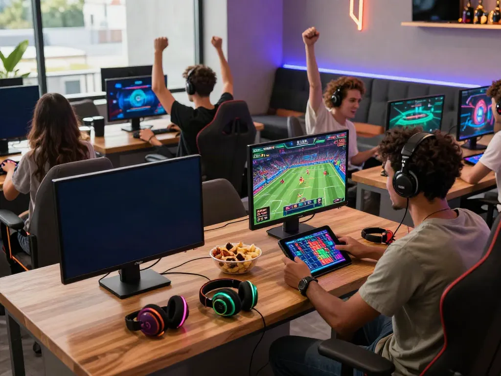 Exciting da88 gaming scene with friends enjoying sports and casino games in a vibrant tech lounge.