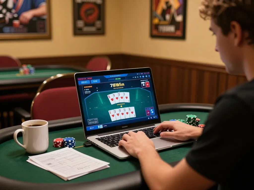 Experience intense online gameplay at 78WIN with competitive poker action in a cozy setting.