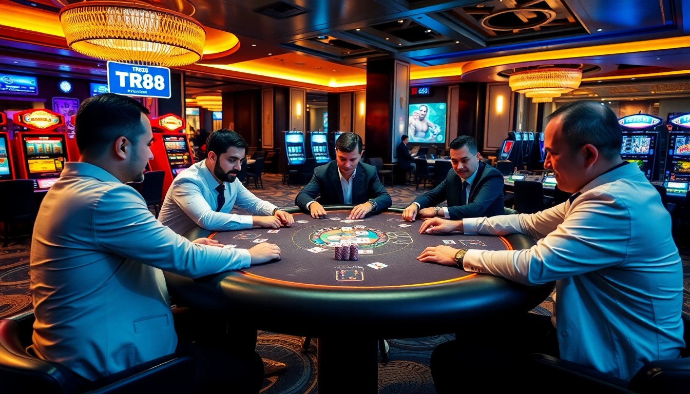 TR88 poker players strategizing at a luxurious casino table with colorful chips.