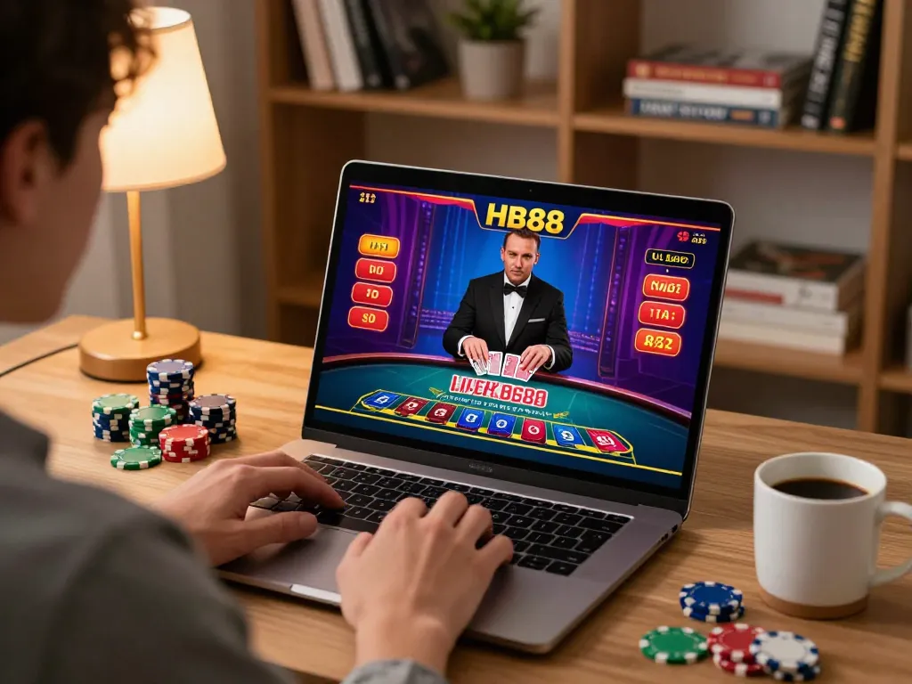 Playing HB88 live dealer blackjack at a modern home office, emphasizing strategy and engagement.