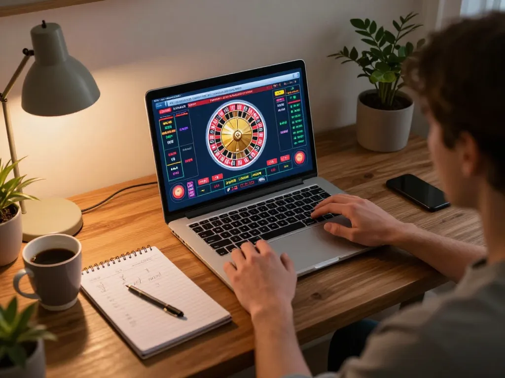Player enjoying an online roulette game on 88aa laptop, showcasing vibrant interface and cozy setup.