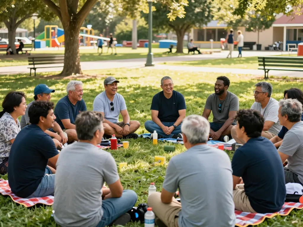 Men at a community gathering discussing wellness topics at Manclub.