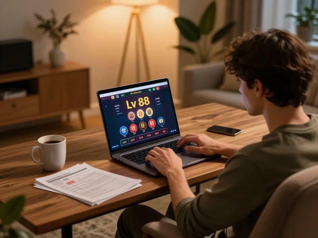 Engaging in tactical online gaming at Lv 88 with a laptop and strategy notes in cozy home setting