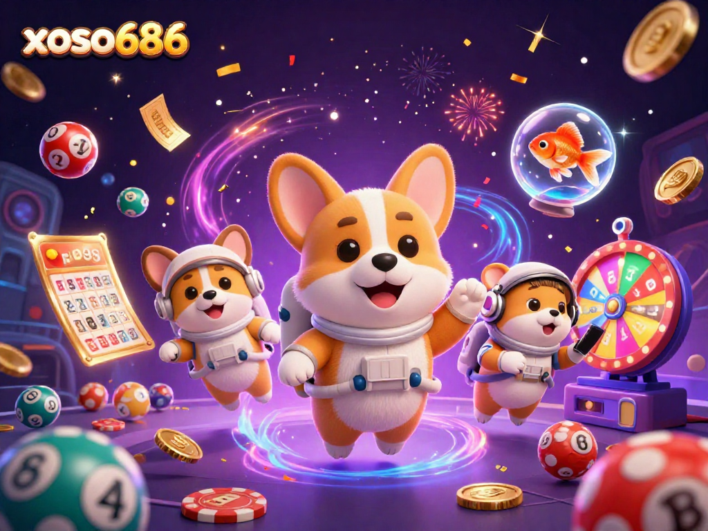 Xoso686 showcases an astronaut corgi in a vibrant space casino, winning excitement with dynamic elements.