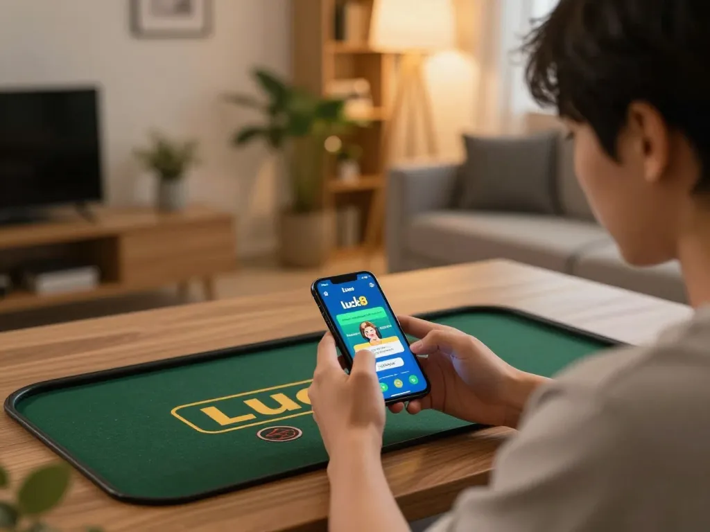 Player placing bets on the luck8 app in a cozy home setting, emphasizing online casino excitement