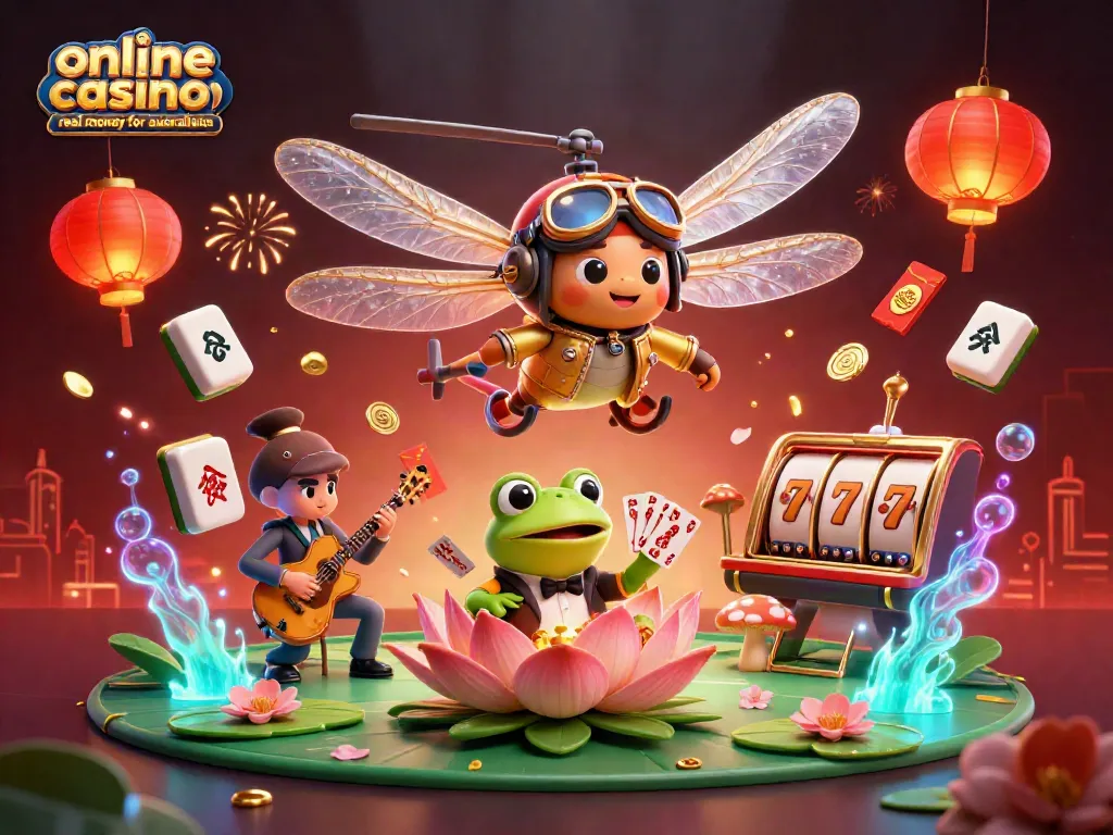 Engage in the exciting online casino real money for australians with a vibrant 3D scene featuring a dragonfly pilot, frog croupier, and entertaining musicians.