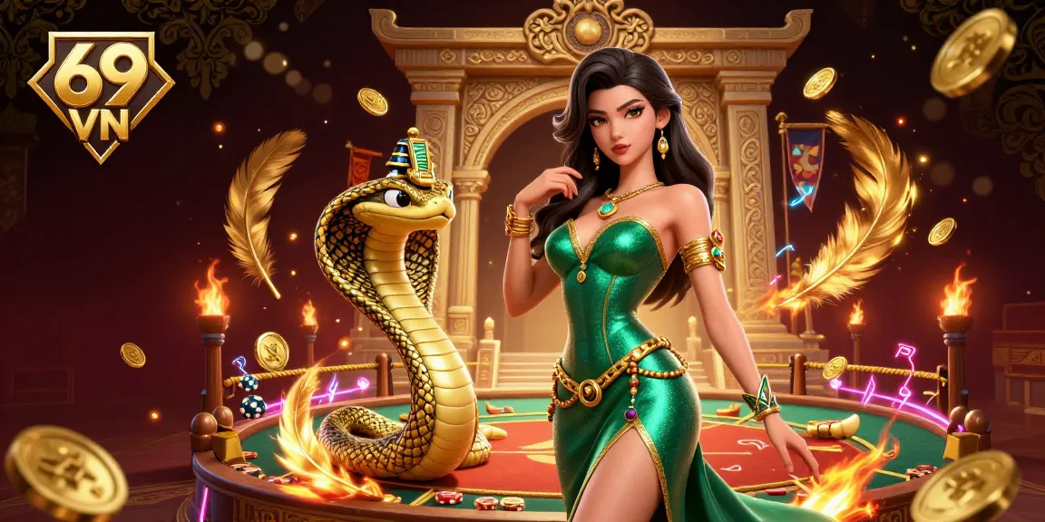 Engage with thrilling gameplay at 69 VN featuring dynamic elements, golden cobra, and an emerald-clad figure.