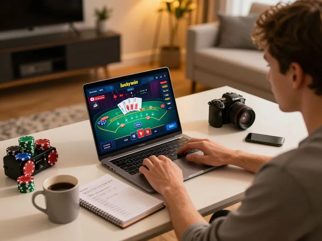 Engaging in exciting gameplay on the luckywin bet online platform at a stylish home desk.