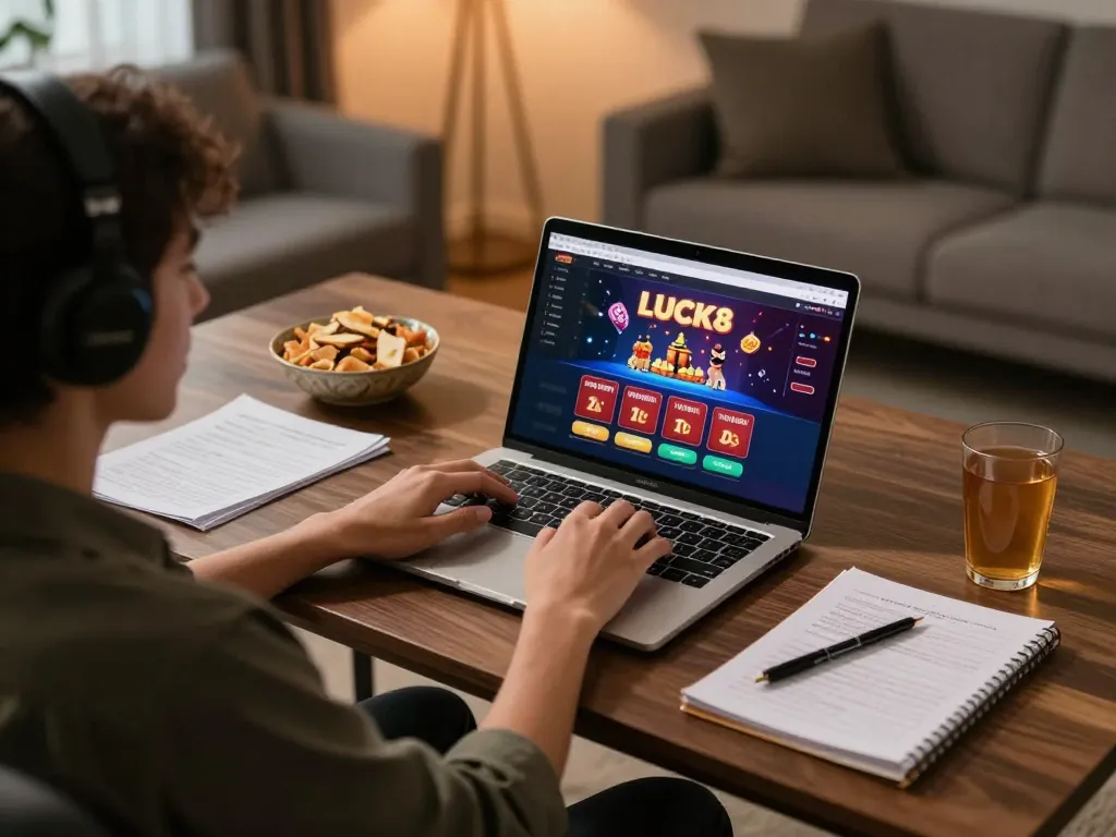 Engaging in online gaming at LUCK8 casino with a cozy home setup