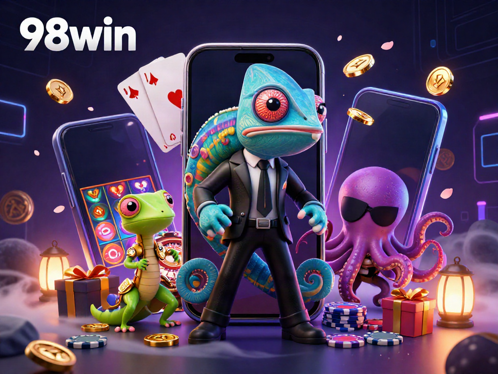 Engage in vibrant gaming excitement at 98win with a captivating scene featuring colorful slot games and dynamic characters.